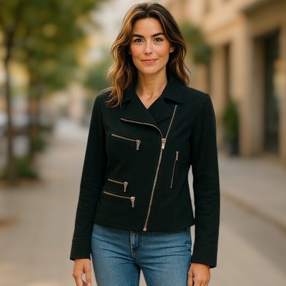 Bianca Nygard Petite Jet Black Asymmetrical Zip Up Moto Style Jacket Size 10P - Picture 1 of 14